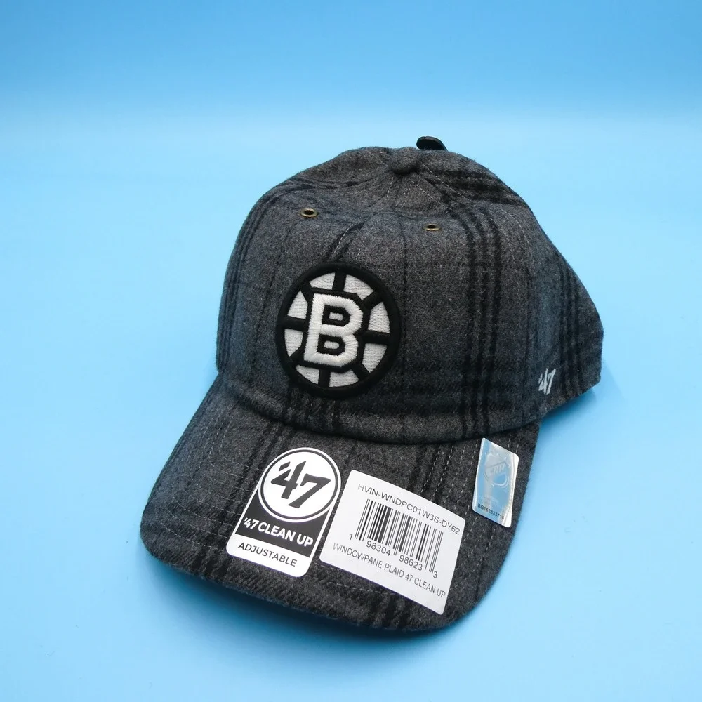 '47 Hat Mens OSFA Clean Up Boston Bruins Grey Windowpane Plaid Wool Blend NHL